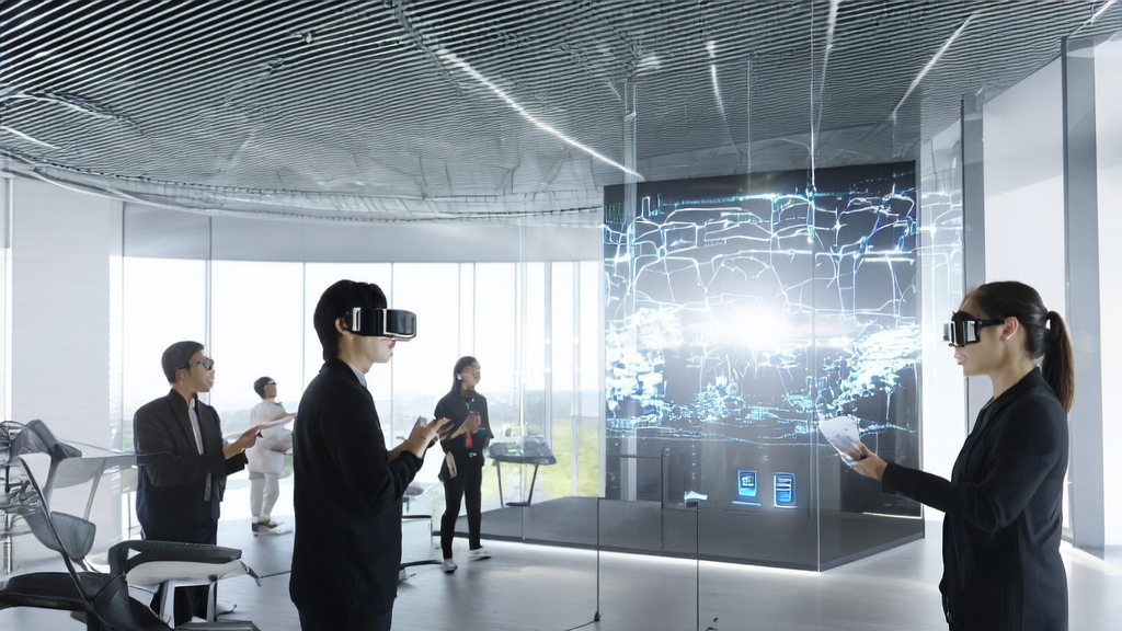 A futuristic office where employees use AI systems for precise customer acquisition and optimized email marketing, with the GPT-5 model logo in the background.