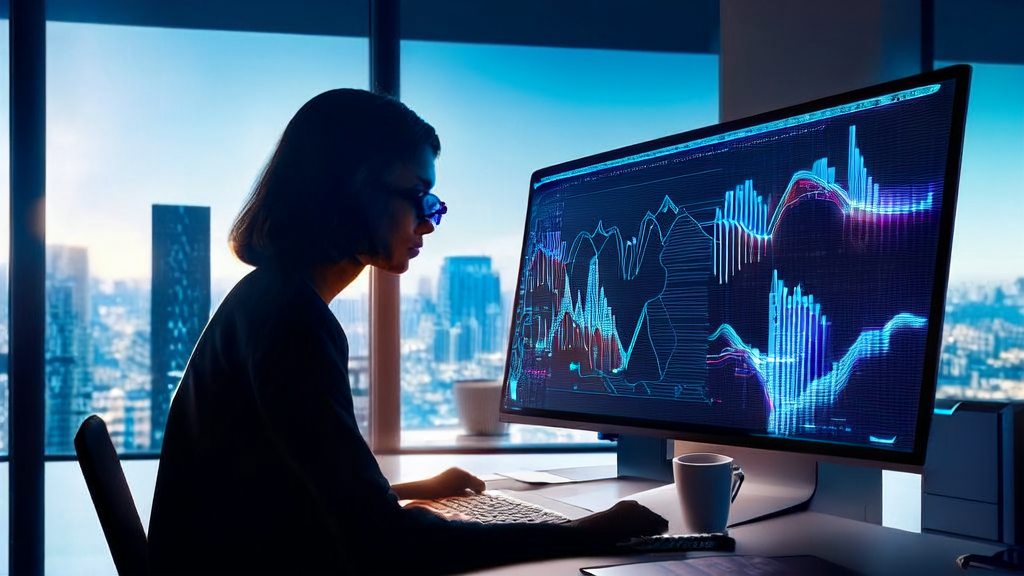 Data analyst optimizing ad placements using AI in a sunlit office