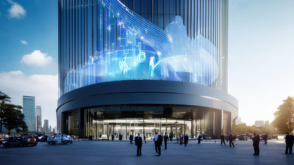 现代化数据中心大楼前人们讨论AI优化广告投放策略，背景为城市天际线和Nscale与微软合作标志