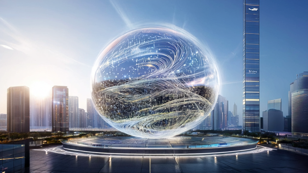 A futuristic cityscape showcasing Meituan's Guangnian Outside AI precise customer acquisition layout, with a modern tech park and data stream analysis