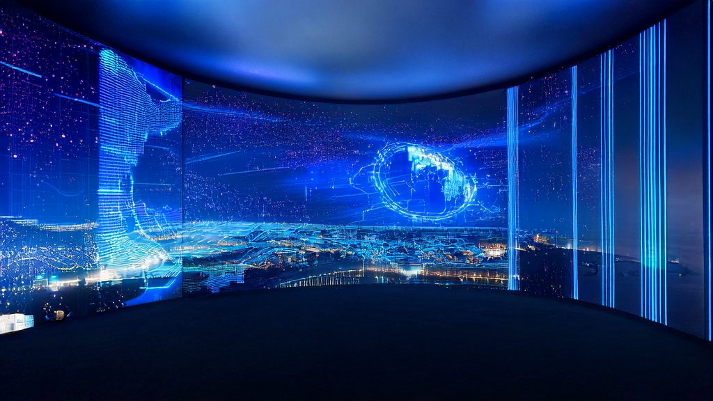 A futuristic city's ad targeting control center showcasing the application of AI precise customer acquisition technology