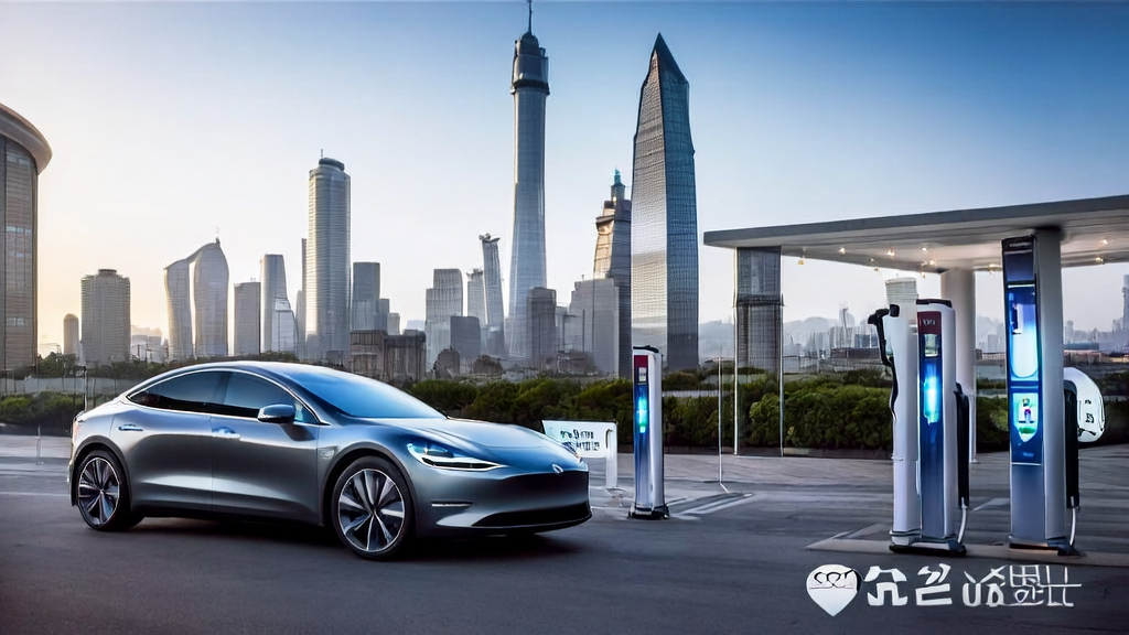 Tesla and Volvo cars at a smart charging station in Shanghai, showcasing the application of AI customer prediction models, with the city skyline and AI innovation signage in the background.