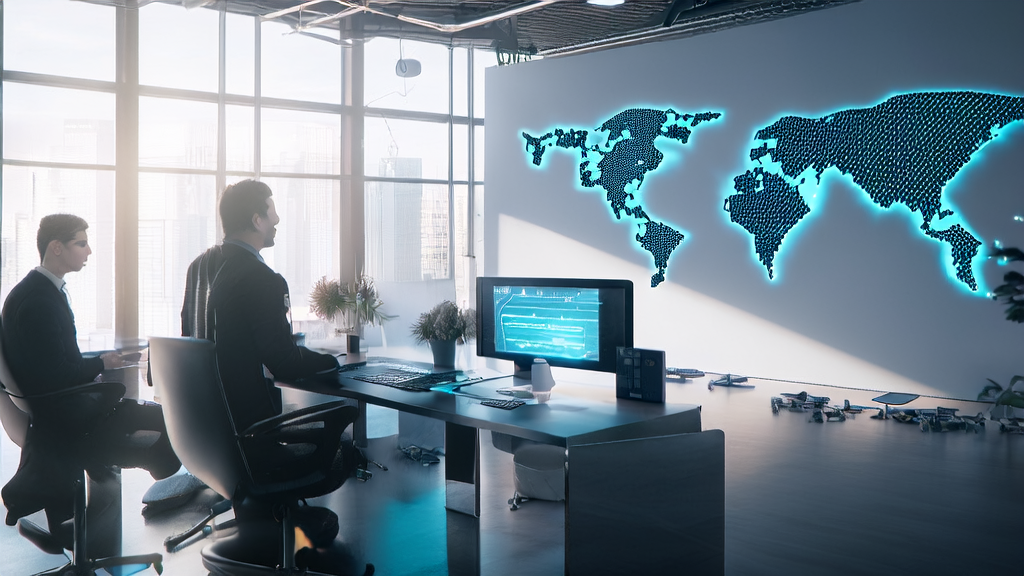 在未来感办公室中，创业者们使用蚂蚁灵光进行AI精准获客的讨论场景