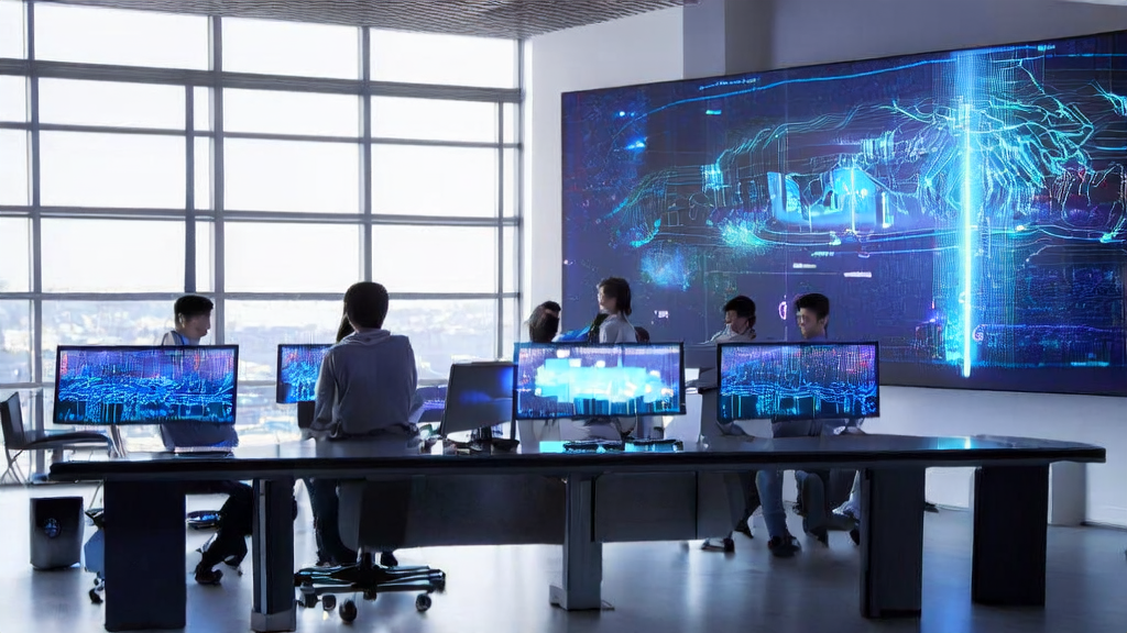 In a modern office, professionals analyze data using AI customer prediction models, with the background wall showing the model's workflow and AI assistants Qwen and Doudou on the desk.