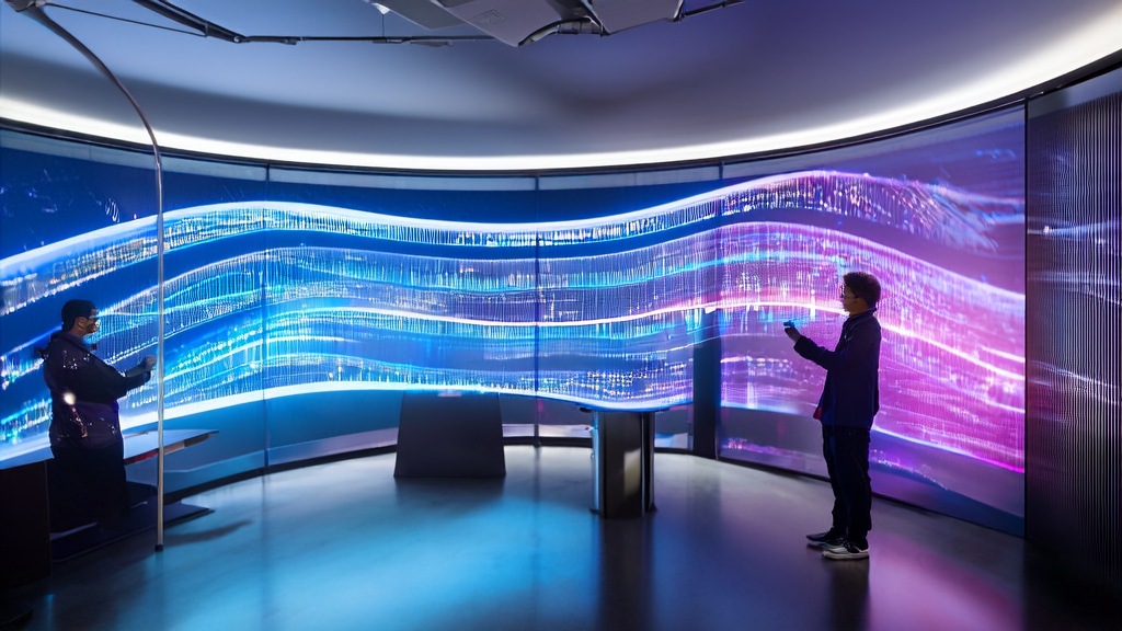 未来感办公室中展示AI客户预测模型的数据流，年轻创业者正在调整参数以优化营销策略