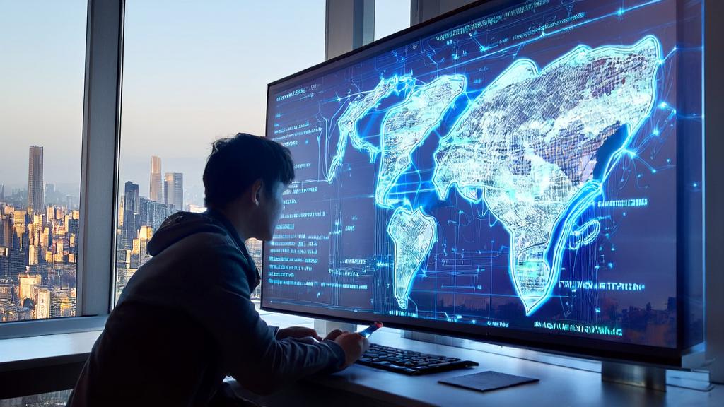 年轻创业者在现代化办公室中使用AI预测模型进行客户筛选