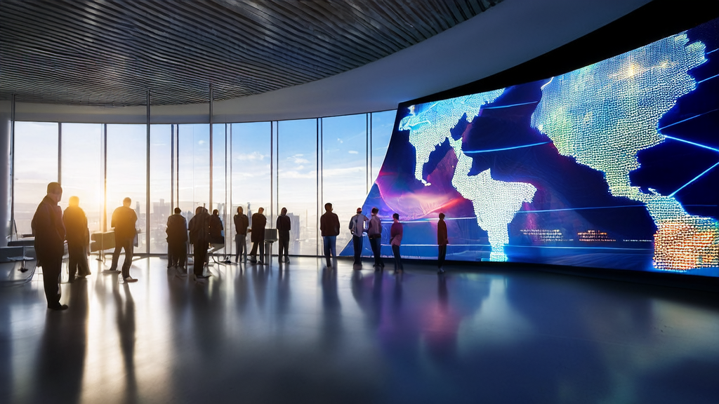 In a modern office, technicians are discussing AI-optimized advertising strategies with complex data analysis displayed on the screen and a world map marked with global advertising performance.