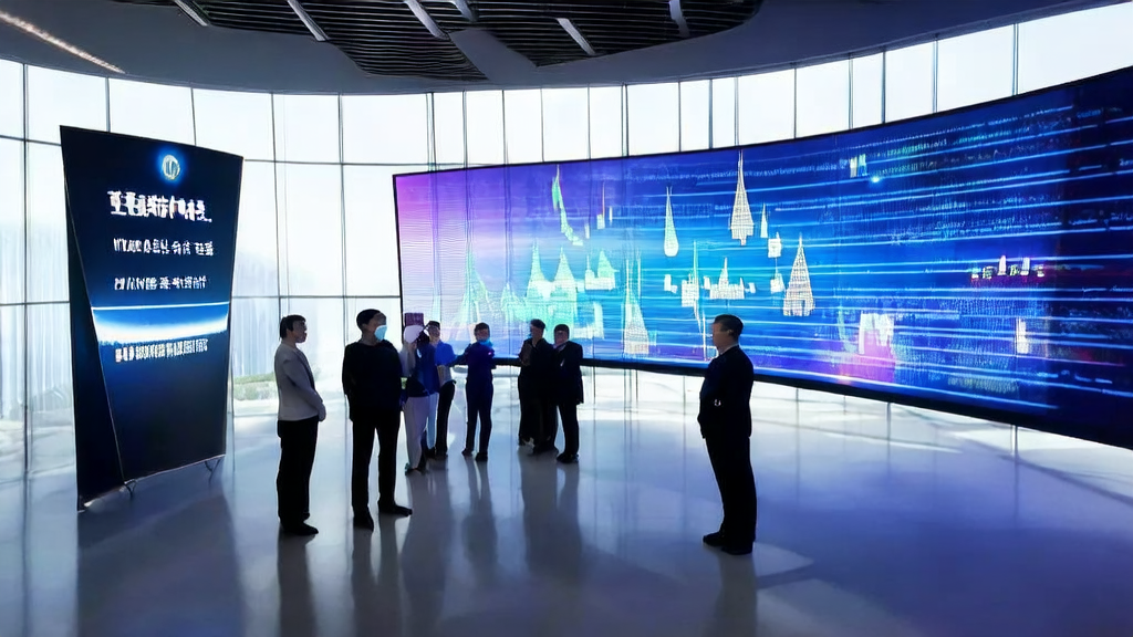 技术人员在现代化办公大楼中利用AI技术优化海外广告投放,屏幕上展示了显著的成果和数据。