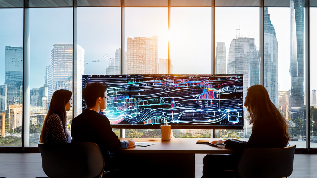 Modern office with team discussing AI customer prediction model, showcasing new trends in cross-border e-commerce