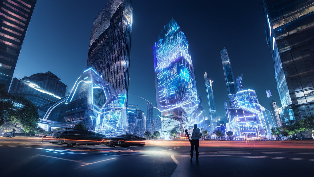 A futuristic city night scene showcasing AI-driven customer acquisition solutions with self-driving cars and drone billboards