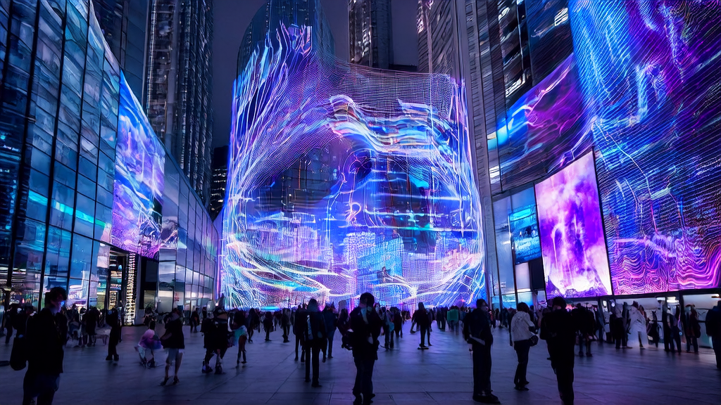 未来城市的透明屏幕上展示着科大讯飞星火X1.5,周围人们通过智能设备互动,体现AI技术对广告投放的精准优化。