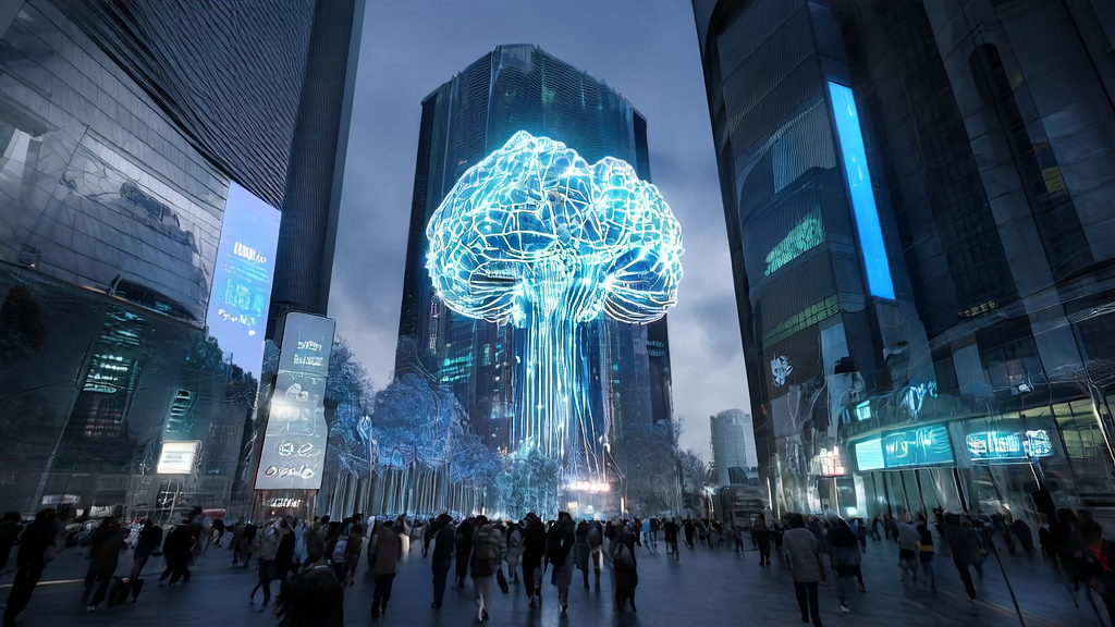 In a futuristic city, AI technology is applied in cross-border e-commerce to overcome business growth bottlenecks