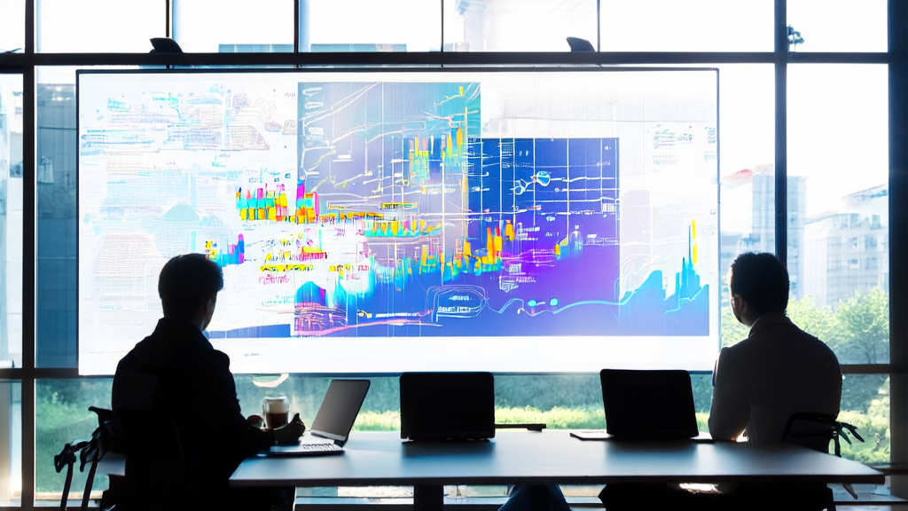 在阳光明媚的现代化办公室中，数据分析师使用AI系统分析广告投放数据，优化获客策略。