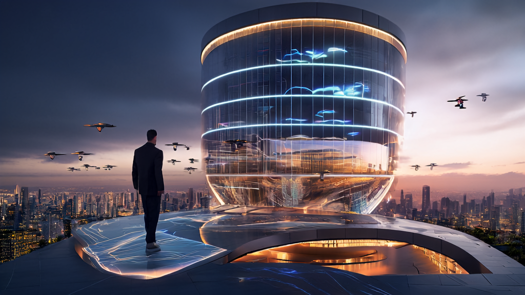 Entrepreneur showcasing AI precise customer acquisition technology in a futuristic city