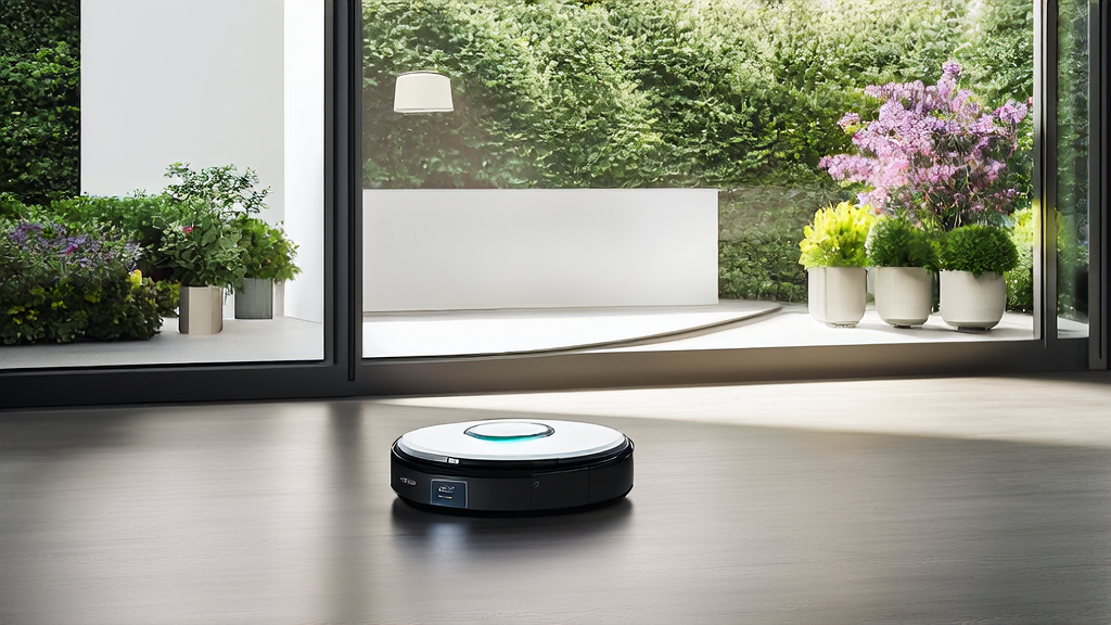 On a sunny morning, the Dyson True AI cleaning robot is intelligently cleaning the floor in a villa, while the user monitors its status remotely via a mobile app and receives maintenance suggestions.
