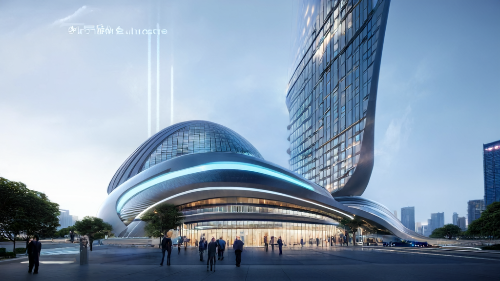 A futuristic cityscape featuring a high-tech office building and professionals discussing AI-driven customer acquisition solutions.