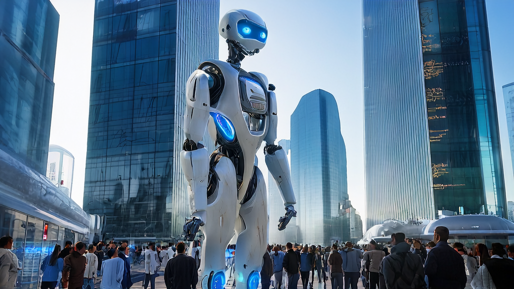 未来城市中的人形机器人与AI优化邮件营销数据展示