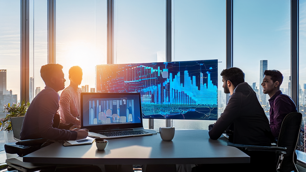 团队在办公室讨论如何使用AI技术优化跨境电商的邮件营销，提高客户转化率