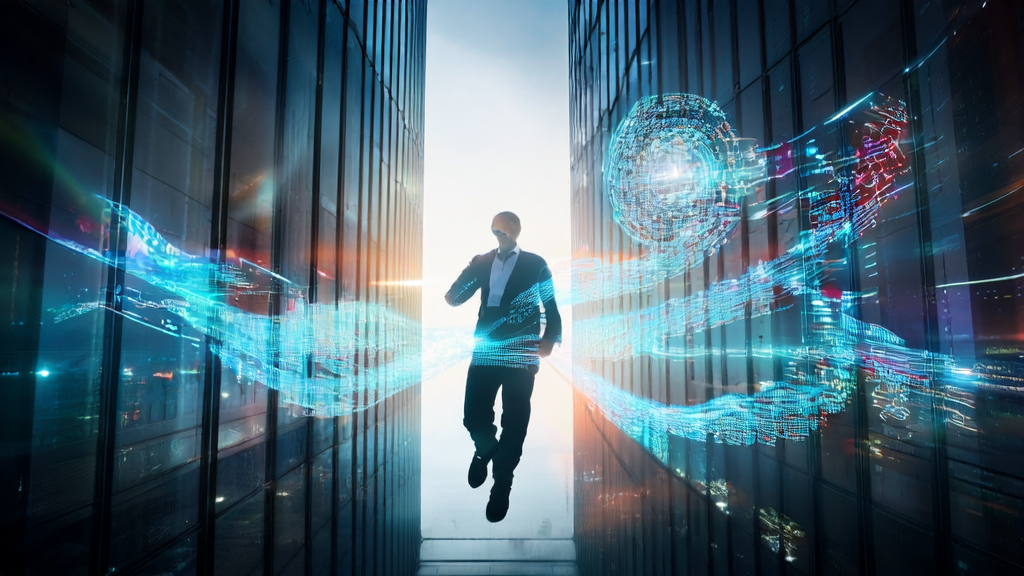 未来城市中的AI工程师通过全息投影屏幕操作跨境电商的精准获客算法模型