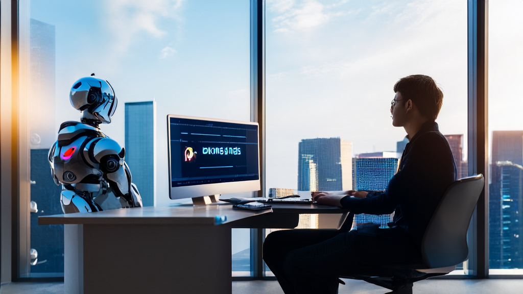 Modern office where an entrepreneur uses Alibaba Qwen App for optimized email marketing