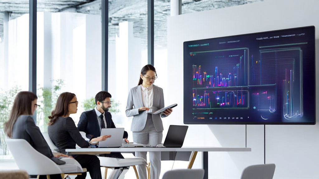 In a modern office, a team utilizes AI technology to optimize email marketing strategies while an intelligent speaker plays a podcast generated by the AI Miaoting feature.