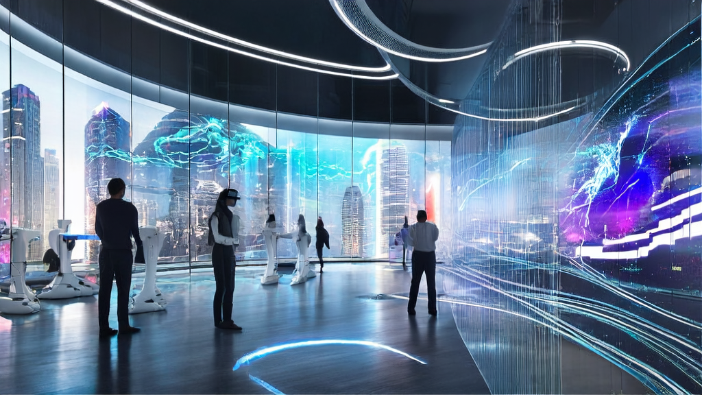 未来城市的高科技办公室内，员工利用AI技术进行精准获客和高效客户管理。