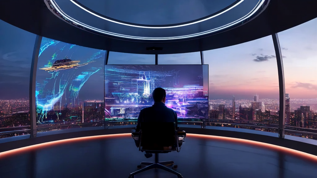 In a high-tech office of a future city, a data analyst uses AI technology to optimize cross-border e-commerce advertising, with Seedream 4.5-generated multi-image consistent ads displayed on the screen.