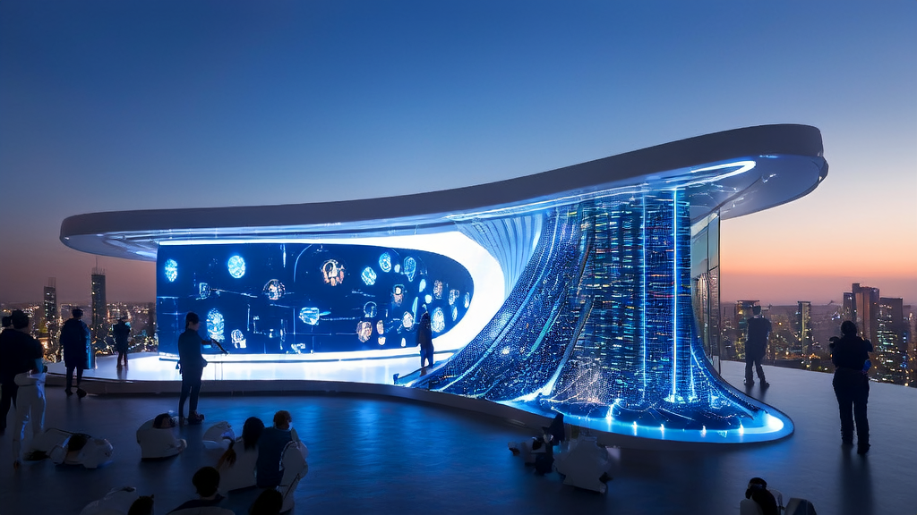 In a modern office building in a futuristic city, a team discusses AI precision lead acquisition and ad optimization strategies