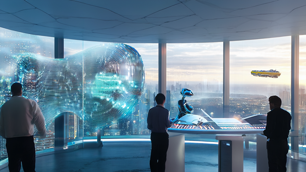 In a modern office of a future city, engineers are using an AI client prediction model to optimize email marketing strategies, with Tesla's Optimus robots working in the background.
