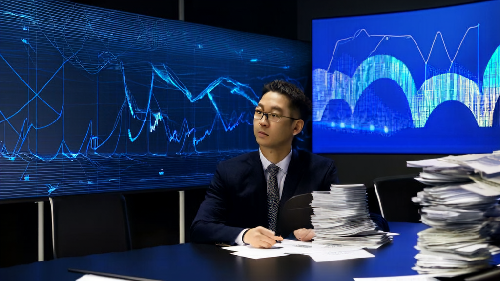 分析师使用AI预测模型优化邮件营销，墙上挂着谷歌Gemini 3.0的宣传海报