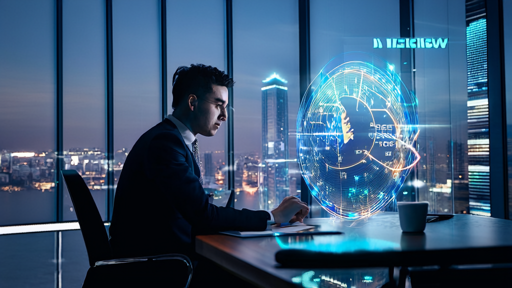 Young entrepreneur in a modern office using AI prediction model to optimize cross-border e-commerce customer acquisition efficiency