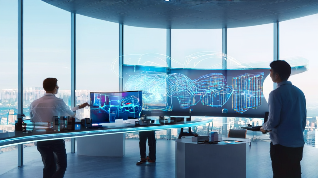 Modern office scene utilizing AI prediction models for efficient customer acquisition