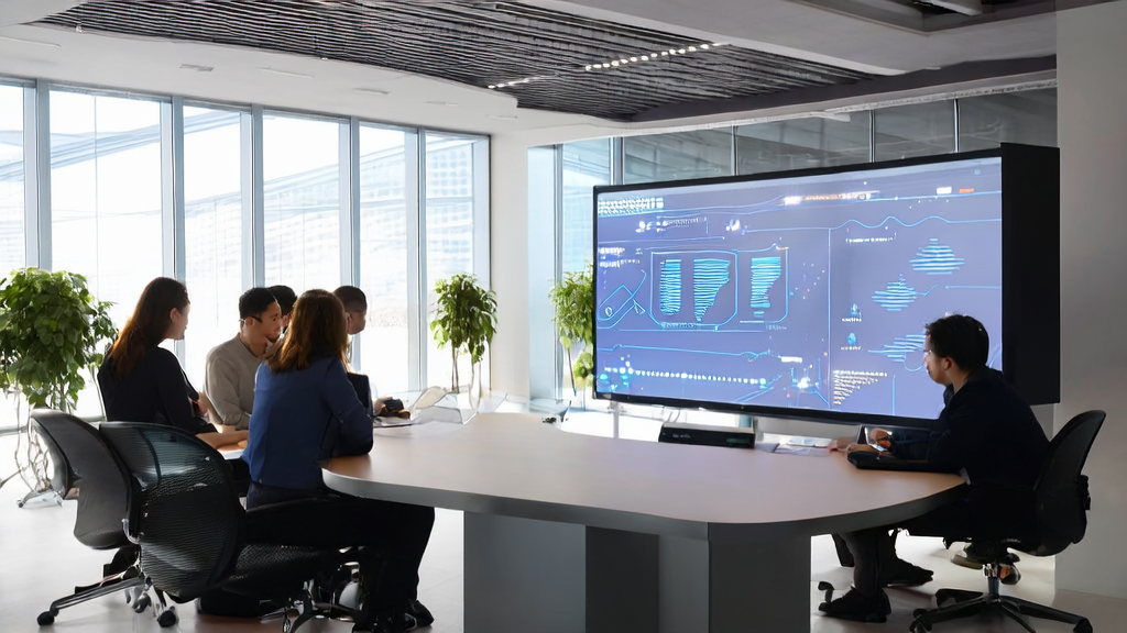 In a modern office, employees are discussing the application of AI prediction models, with Aider Leaderboard test results displayed on the wall.