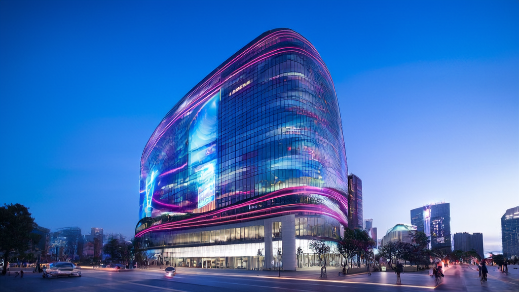 A high-tech building displays Baidu NOVA digital human on a large screen, attracting passersby, while staff inside use AI prediction models to efficiently screen for premium customers.