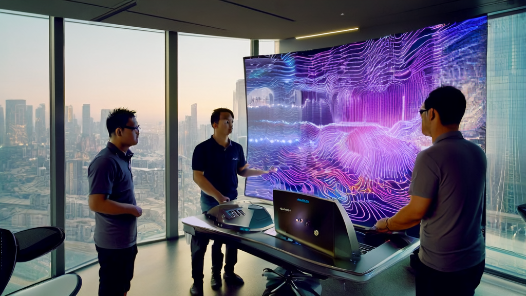 Tech professionals in a modern office using AI prediction models for customer acquisition and analysis