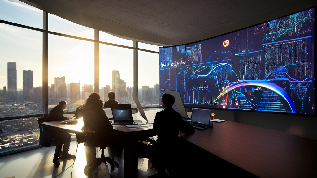 技术人员在办公室中讨论AI预测模型，以提升跨境电商邮件营销效率