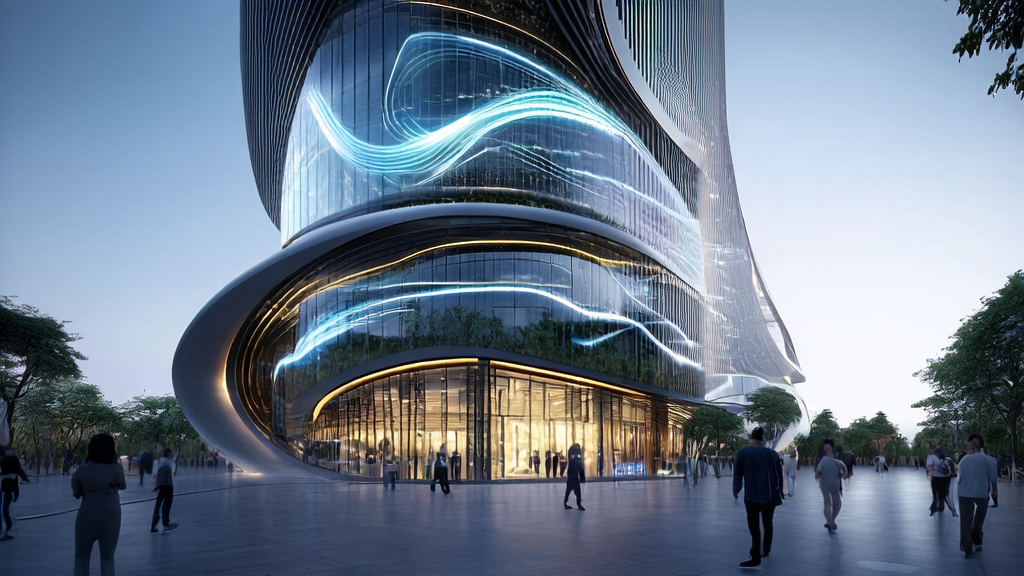 In a futuristic digital city, an AI prediction model optimizes advertising in real-time, engaging passersby with personalized ads.