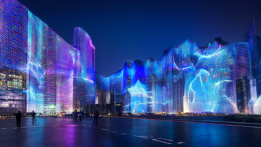 In a futuristic city, a data analyst monitors cross-border e-commerce customer behavior on a large screen inside a high-tech building, with an intelligent robot assistant "Qingtianzu" identifying premium customers.