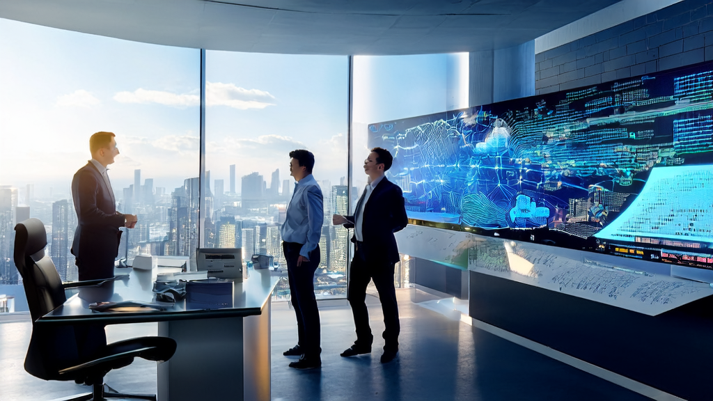 现代化办公室中,分析师们利用AI预测模型进行客户筛选和数据分析,提升外贸企业的营销效率。