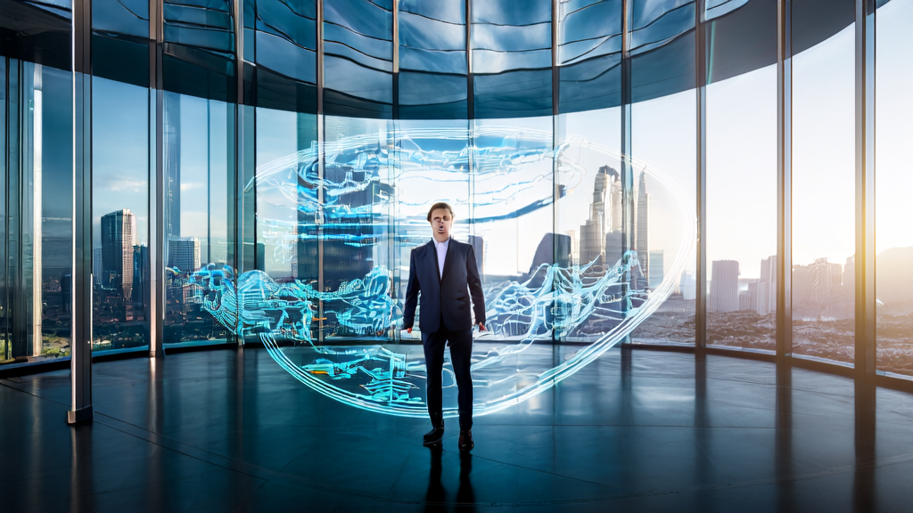 A young entrepreneur reviewing AI prediction models on a smart screen in front of a modern office building with a bustling city skyline in the background.