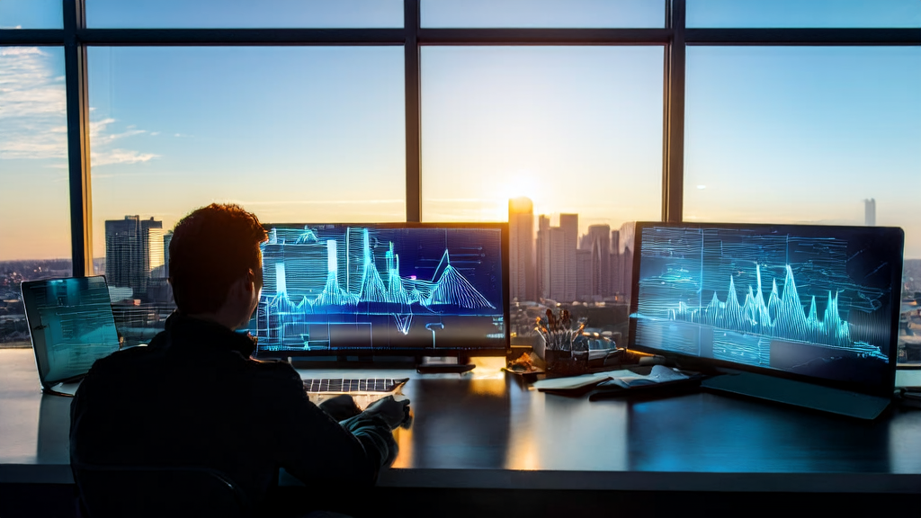 Employees in a modern office using AI prediction models to analyze customer data and improve marketing efficiency