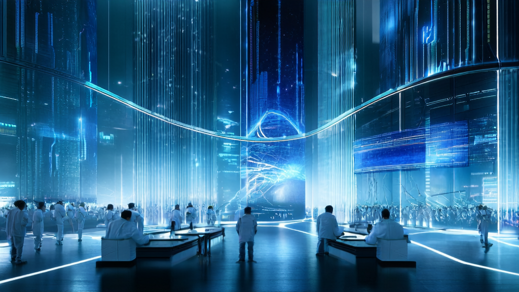 In a futuristic city, scientists use AI prediction models to efficiently screen high-quality customers, showcasing data-driven precision customer acquisition.