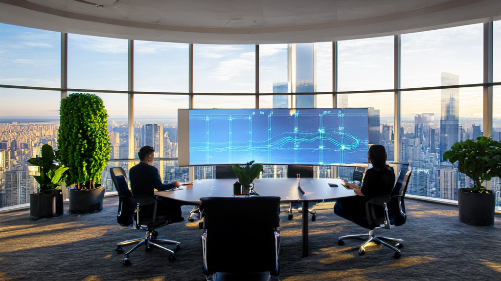 In a bustling office of a cross-border e-commerce company, team members are discussing the application of AI prediction models, with a vibrant cityscape outside the window.