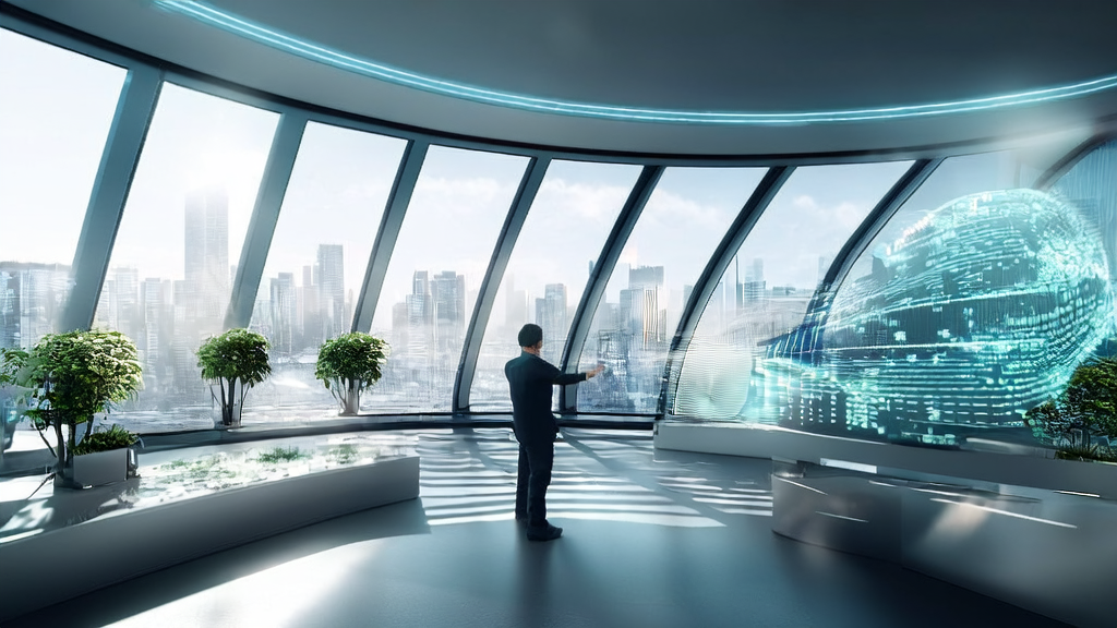 在充满未来感的办公室中，分析师通过透明屏幕上的AI预测模型精准筛选优质客户，背景是动态仿真环境和城市天际线。