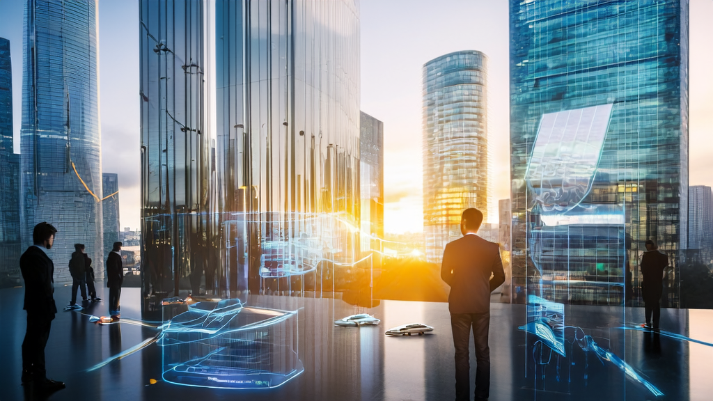 In a futuristic city, a marketing manager uses AI prediction models for customer screening, showcasing the integration of technology and marketing.
