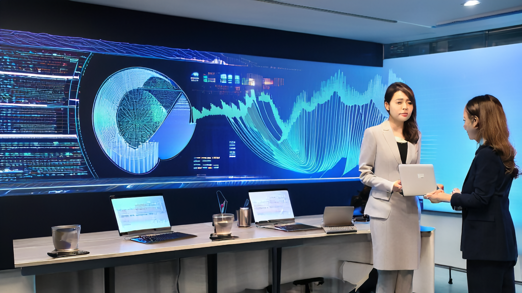 员工们在办公室里使用AI预测模型筛选优质客户，提升B2B市场的成交率和效率