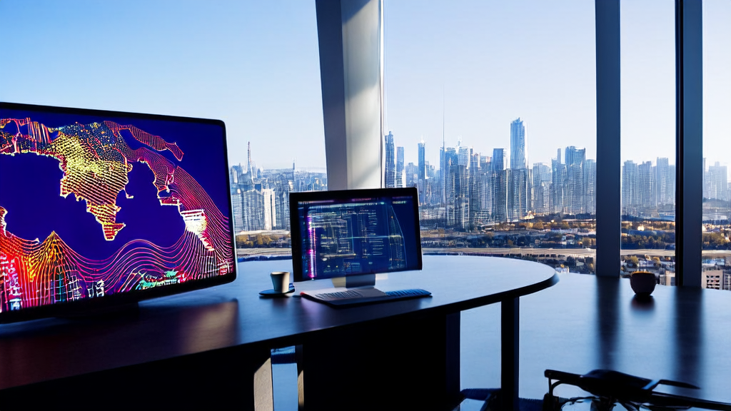 AI prediction model in a modern office setting, showcasing how export businesses can achieve efficient customer acquisition and resource optimization through technology