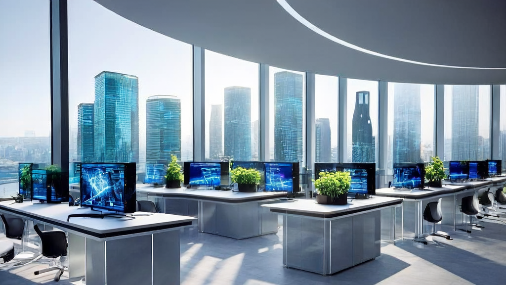 A modern cross-border e-commerce office in a futuristic city where employees use AI prediction models for precise customer acquisition