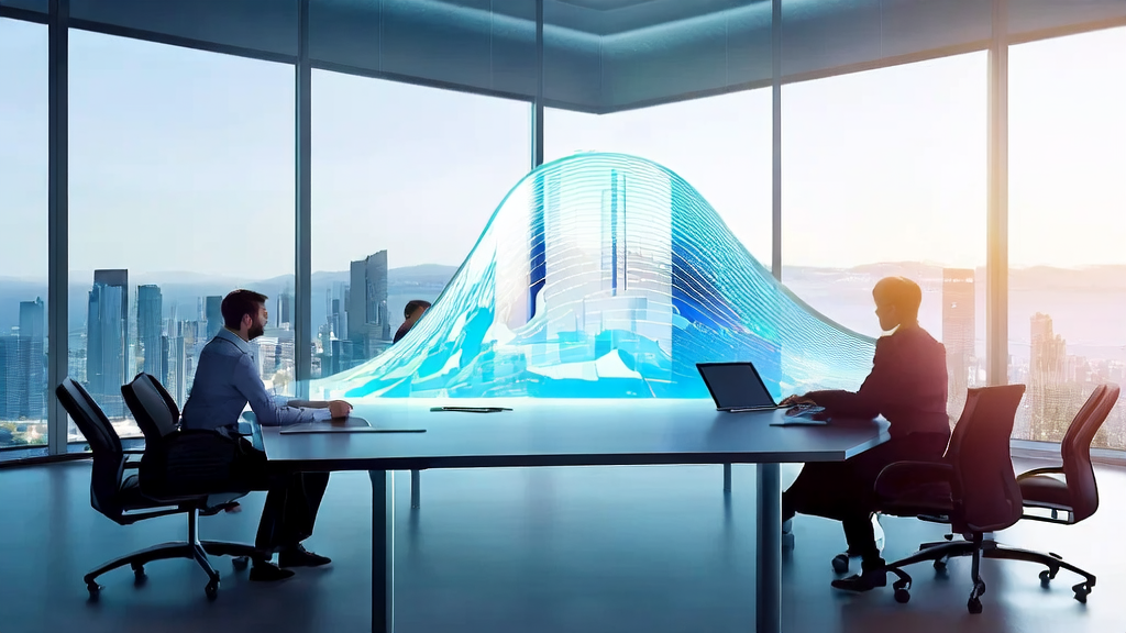 展示了一间充满未来感的办公室，团队成员正在讨论AI预测模型的应用，窗外是城市的天际线。