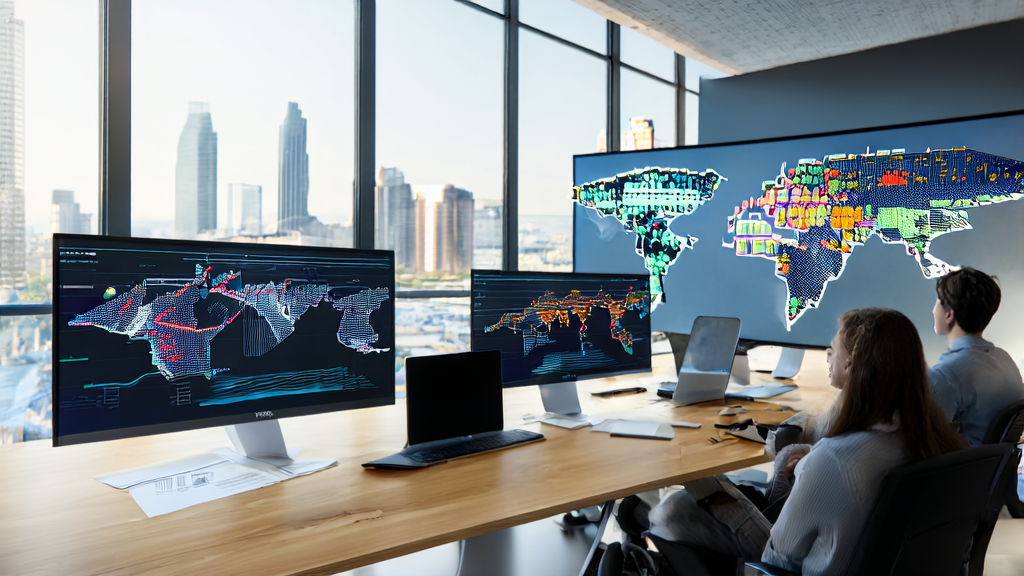 Entrepreneurs discussing AI predictive model applications in an office with city views and a world map background.